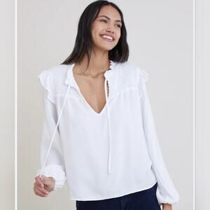 Anthropologie White Bella Dahl Smocked Ruffled Long Sleeves Blouse | M